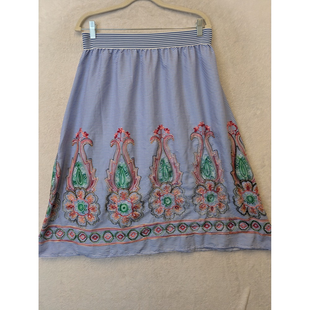 Magic Womens XL Blue White Striped Embroidered Paisley Midi A-Line‎ Skirt